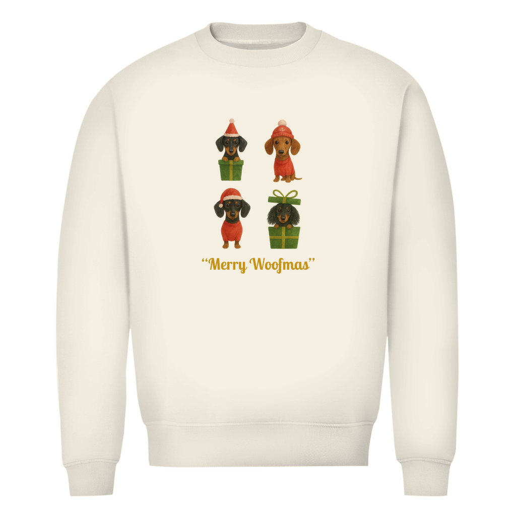 Unisex Premium Bio Sweatshirt mit Dackel Motiv "Merry Woofmas"