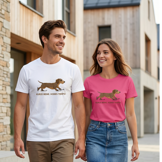 Unisex Premium Bio T-Shirt Dackel Design Kurze Beine. Hohes Tempo