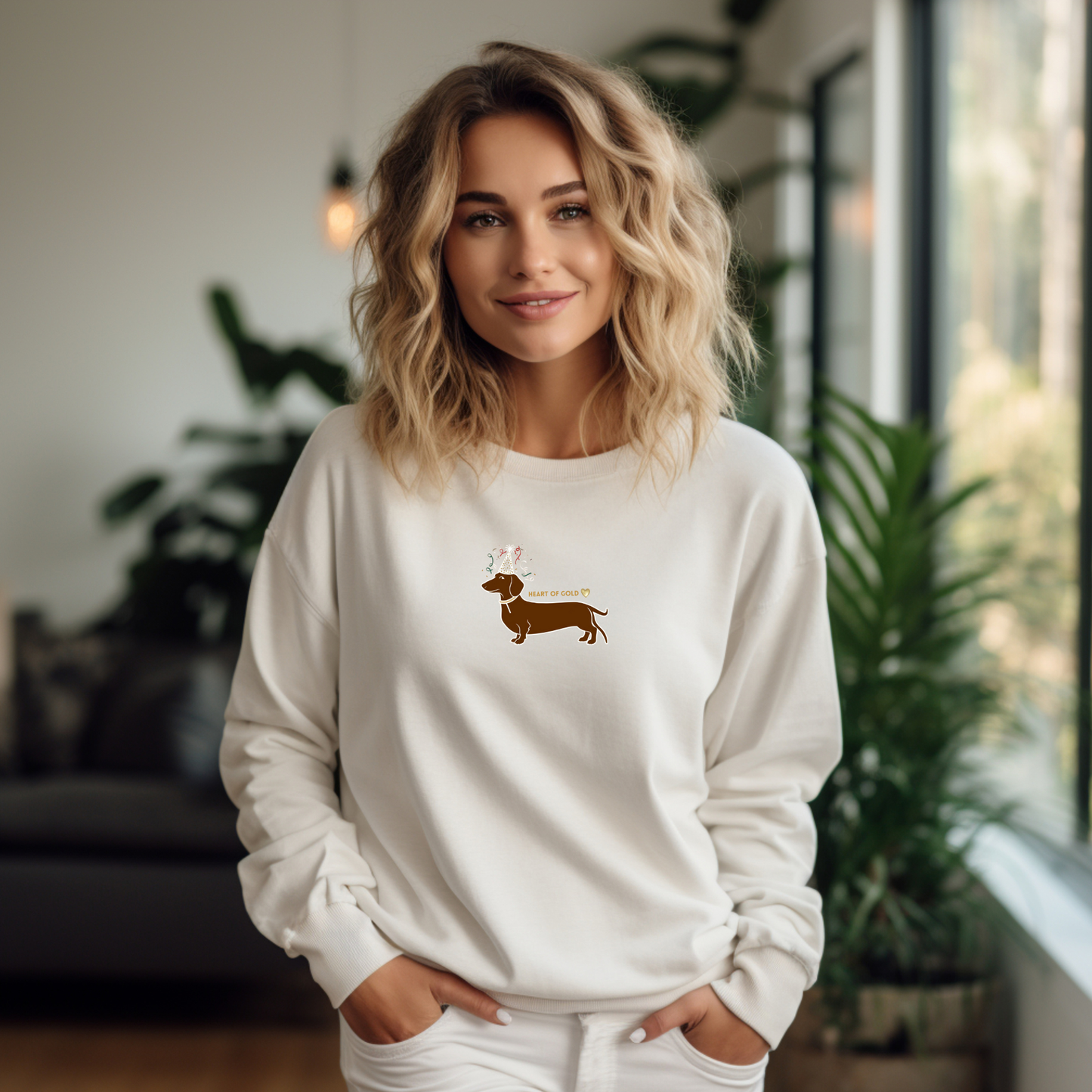 Premium Bio Sweatshirt für die Familie zu Silvester mit lustigem Party Dackel Motiv