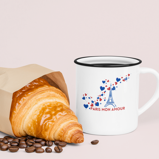 Cup with Francophile motif "paris mon amour" made of white enamel