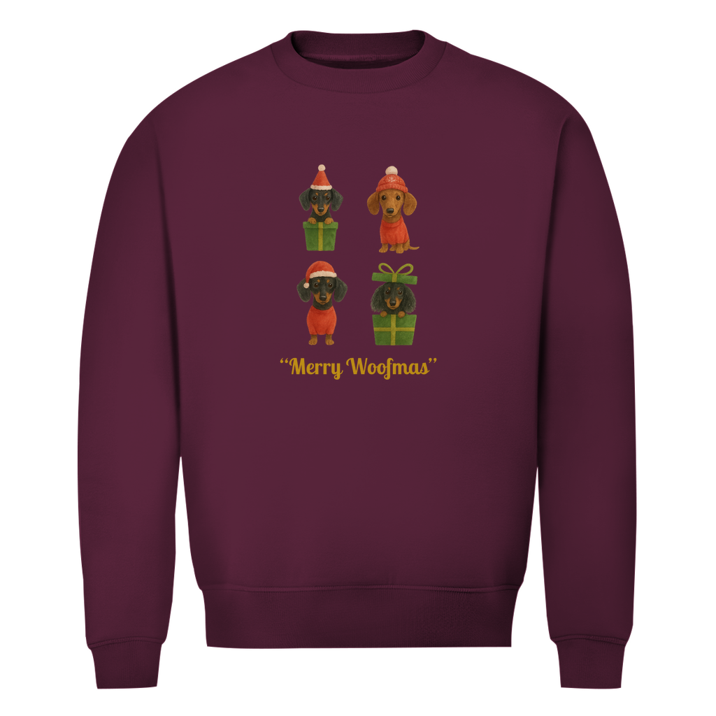 Unisex Premium Bio Sweatshirt mit Dackel Motiv "Merry Woofmas"