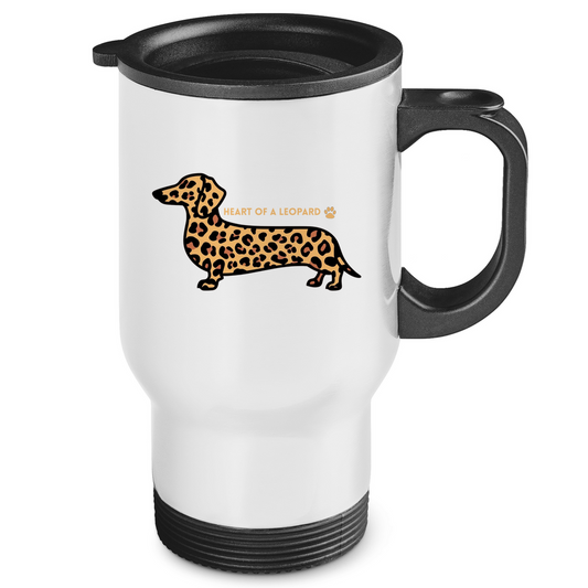 Edelstahl-Thermobecher mit Dackel Print und Zitat "Heart of a Leopard"