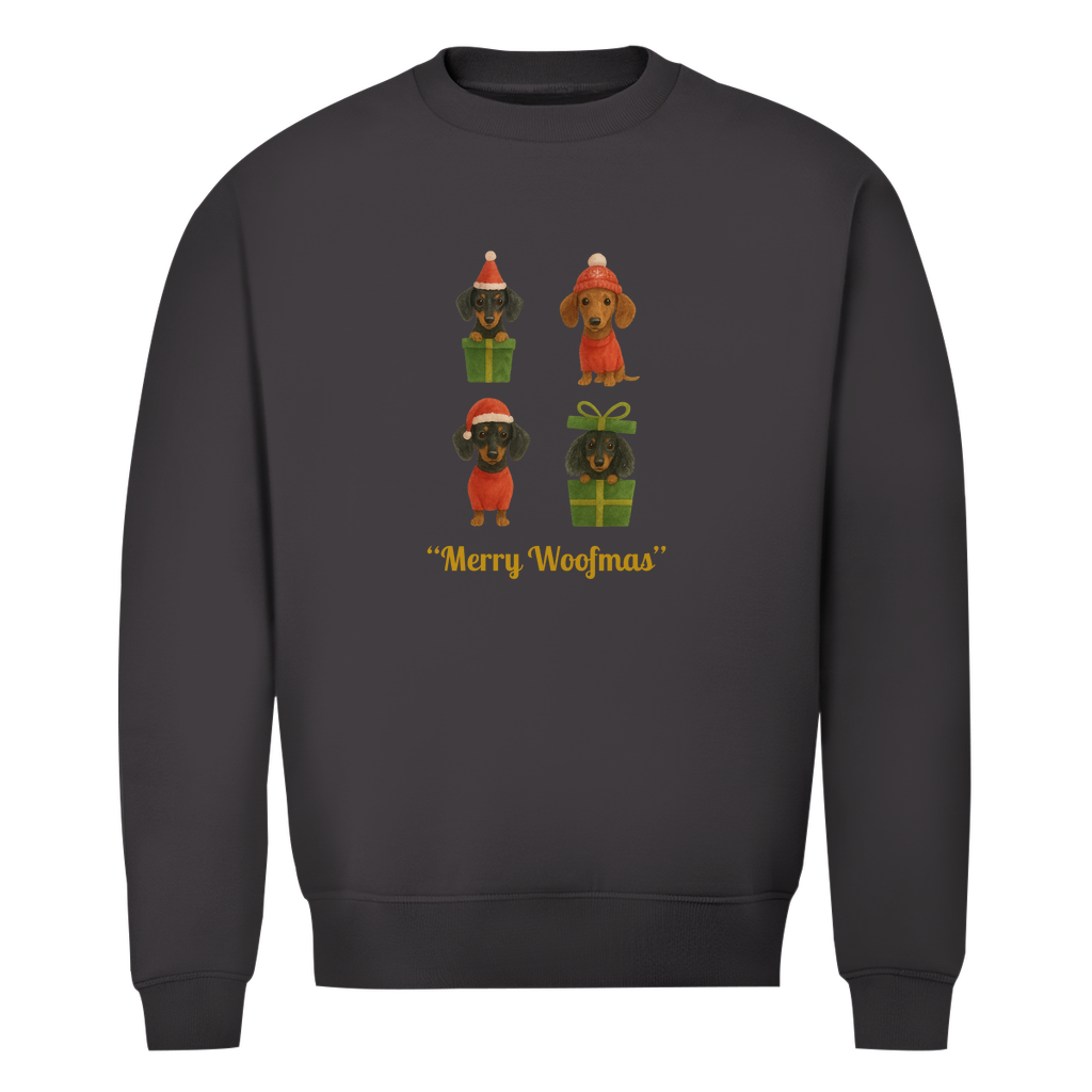 Unisex Premium Bio Sweatshirt mit Dackel Motiv "Merry Woofmas"
