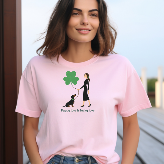 Damen T-Shirt Couture Style mit Dackel und Kleeblatt Print