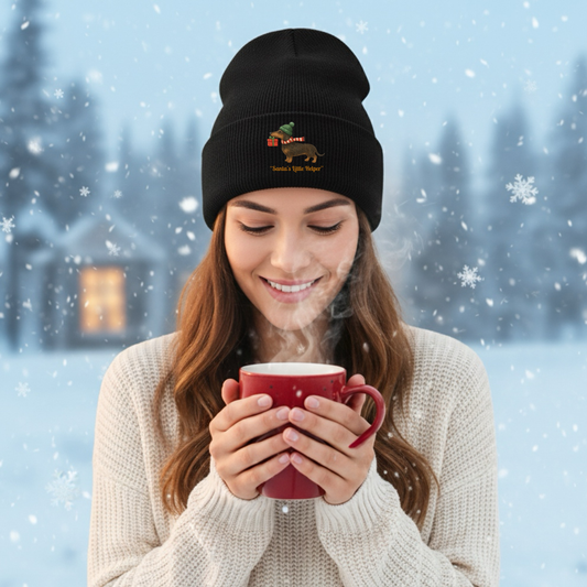 Beanie als Weihnachts Outfit für Dackel Freunde mit Dackel Motiv als Santas little Helper