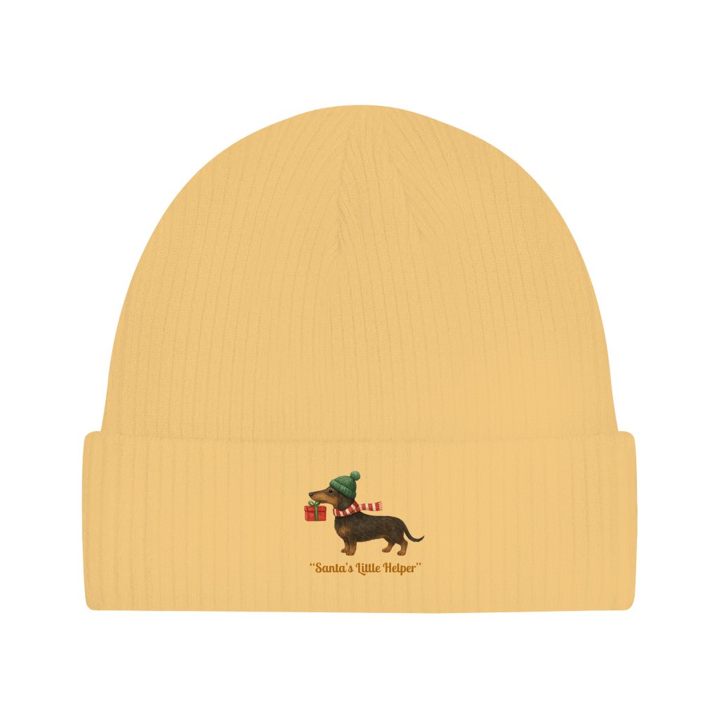 Beanie als Weihnachts Outfit für Dackel Freunde mit Dackel Motiv als Santas little Helper