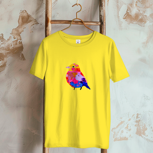 Camiseta de mujer con motivo de pájaros coloridos, moderna y artística. 