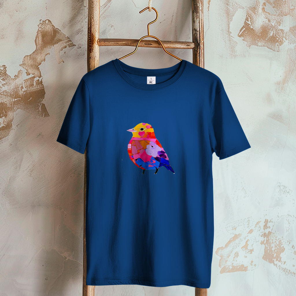 Camiseta de mujer con motivo de pájaros coloridos, moderna y artística. 