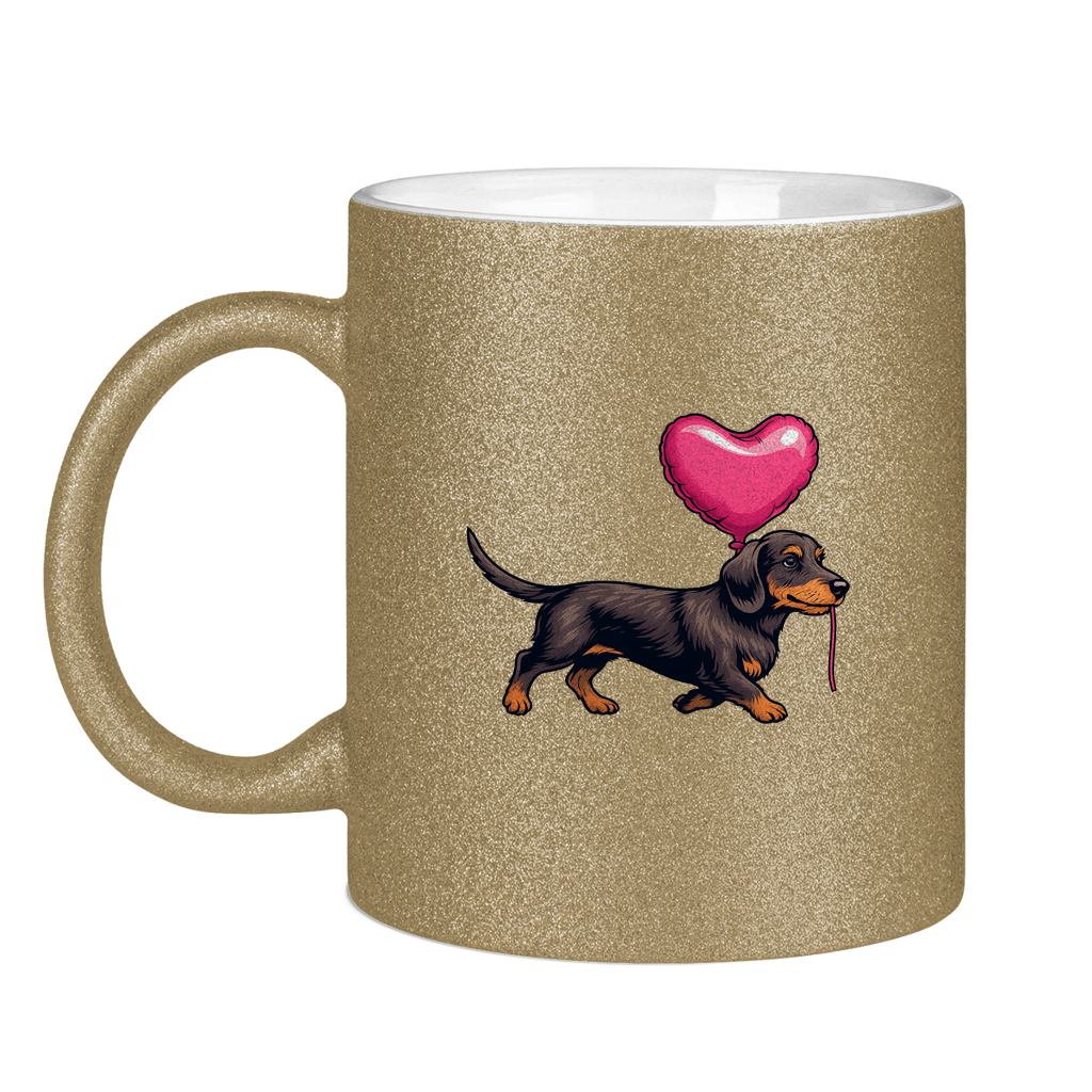 Glitzertasse mit Dackel-Motiv – Herz & Ballon | Geschenkidee
