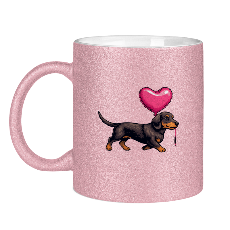 Glitzertasse mit Dackel-Motiv – Herz & Ballon | Geschenkidee