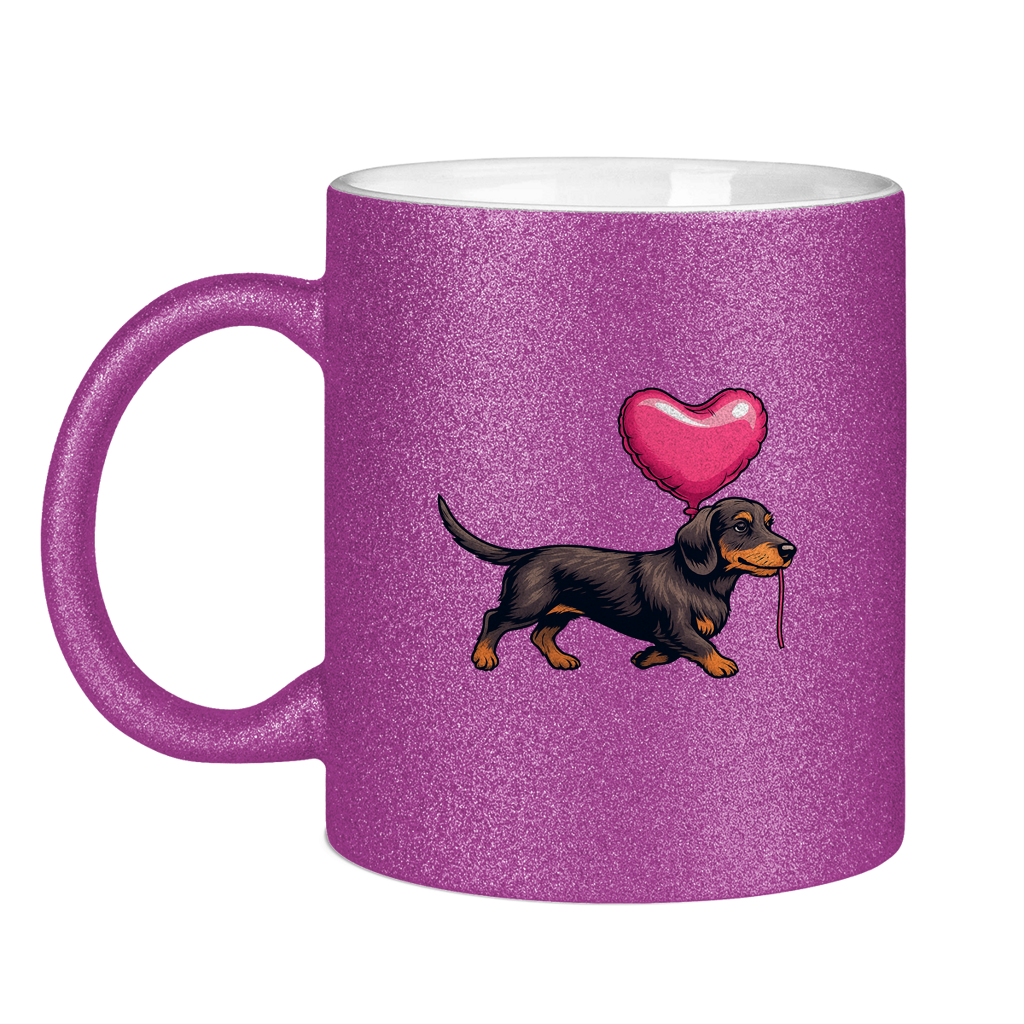 Glitzertasse mit Dackel-Motiv – Herz & Ballon | Geschenkidee