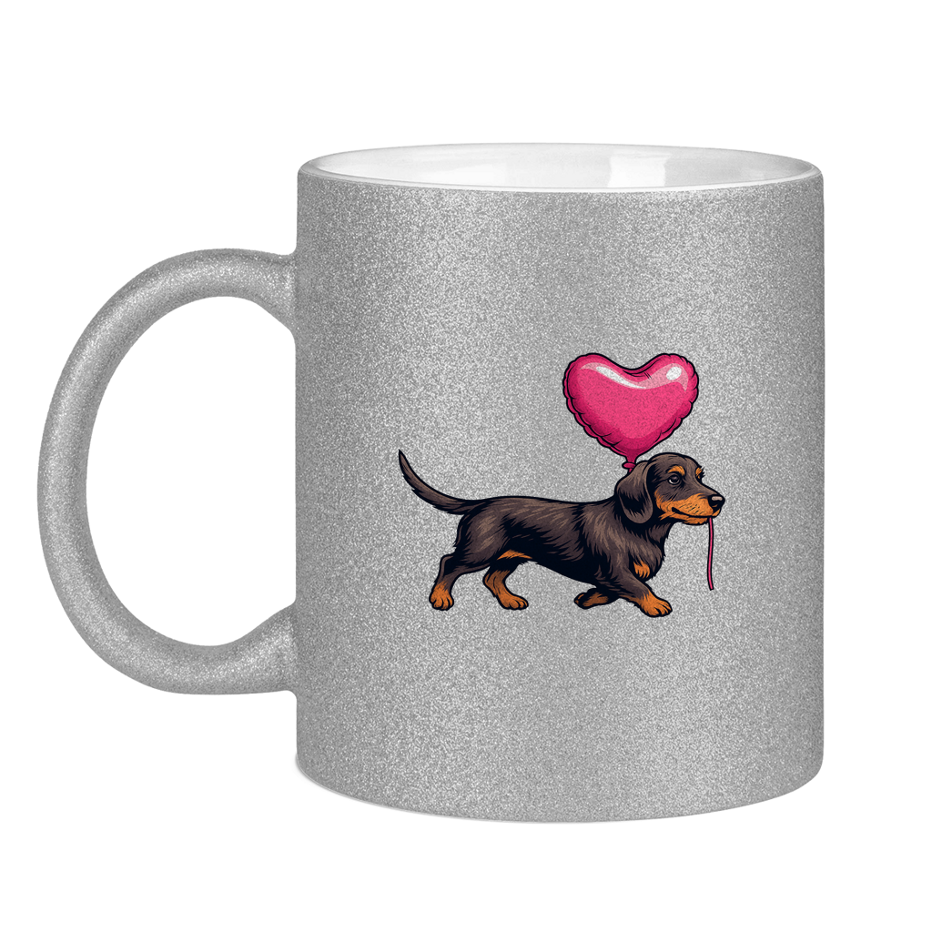 Glitzertasse mit Dackel-Motiv – Herz & Ballon | Geschenkidee
