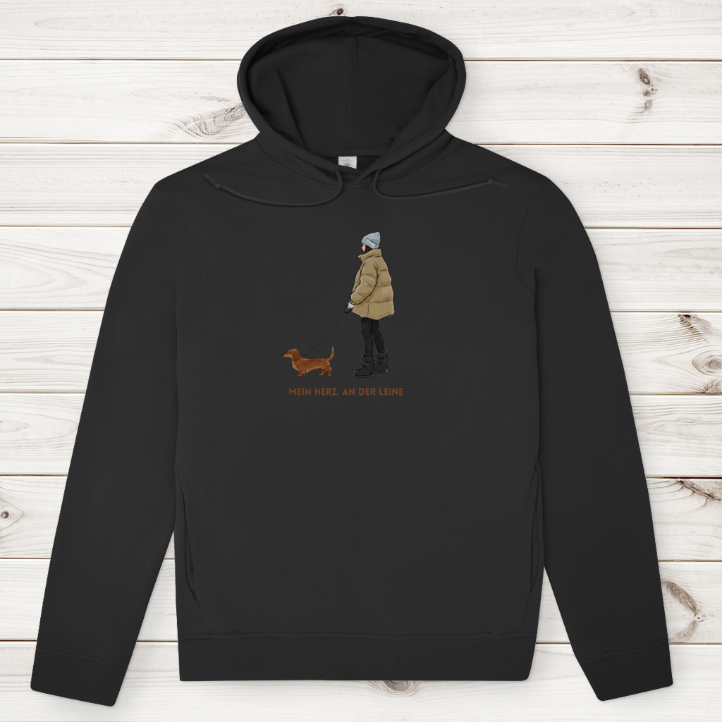 Premium Bio Hoodie für Frauen mit Fashion Dackel Design und  Spruch "Mein Herz. An der Leine"