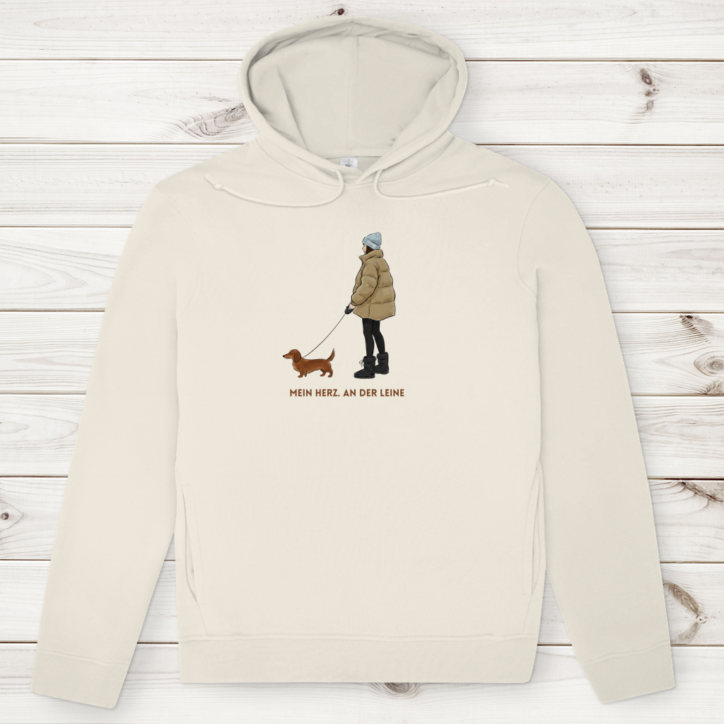 Premium Bio Hoodie für Frauen mit Fashion Dackel Design und  Spruch "Mein Herz. An der Leine"