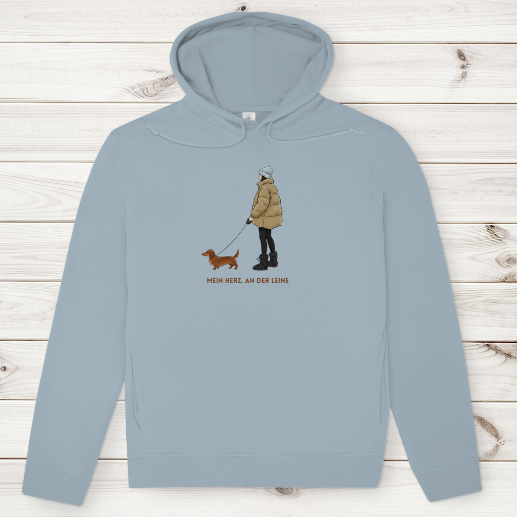 Premium Bio Hoodie für Frauen mit Fashion Dackel Design und  Spruch "Mein Herz. An der Leine"