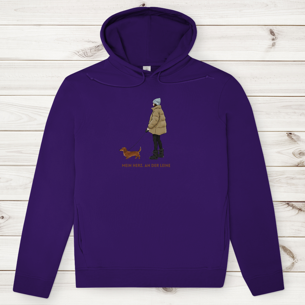 Premium Bio Hoodie für Frauen mit Fashion Dackel Design und  Spruch "Mein Herz. An der Leine"