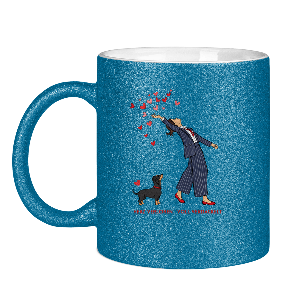 Glitzertasse mit Druckmotiv- Herz verloren . voll verdackelt