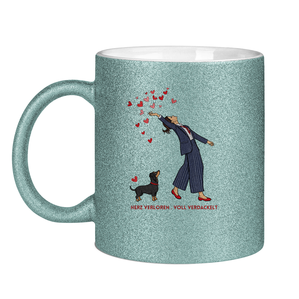 Glitzertasse mit Druckmotiv- Herz verloren . voll verdackelt