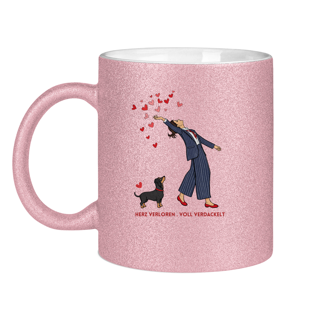 Glitzertasse mit Druckmotiv- Herz verloren . voll verdackelt