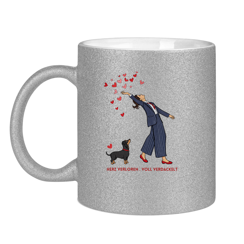 Glitzertasse mit Druckmotiv- Herz verloren . voll verdackelt