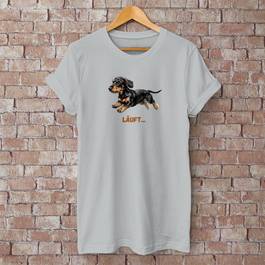 Unisex T-Shirt  mit Rauhaardackel Design "Läuft"