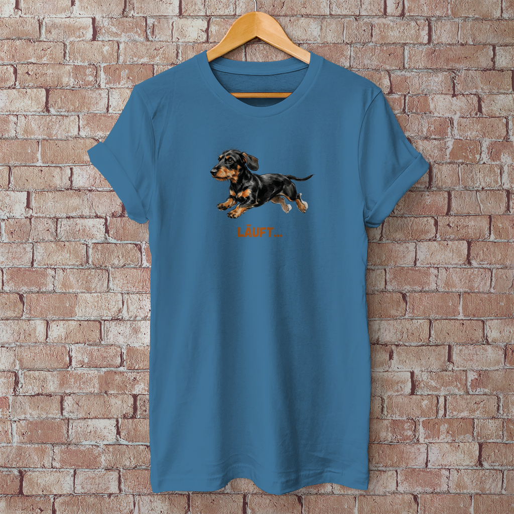 Unisex T-Shirt  mit Rauhaardackel Design "Läuft"