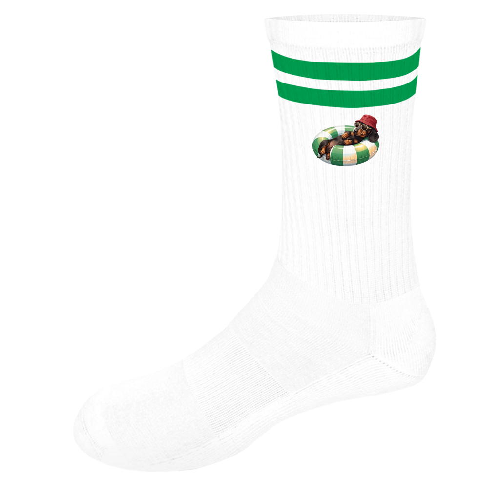 Socken weiss grün geringelt mit Schwimmreifen Dackel