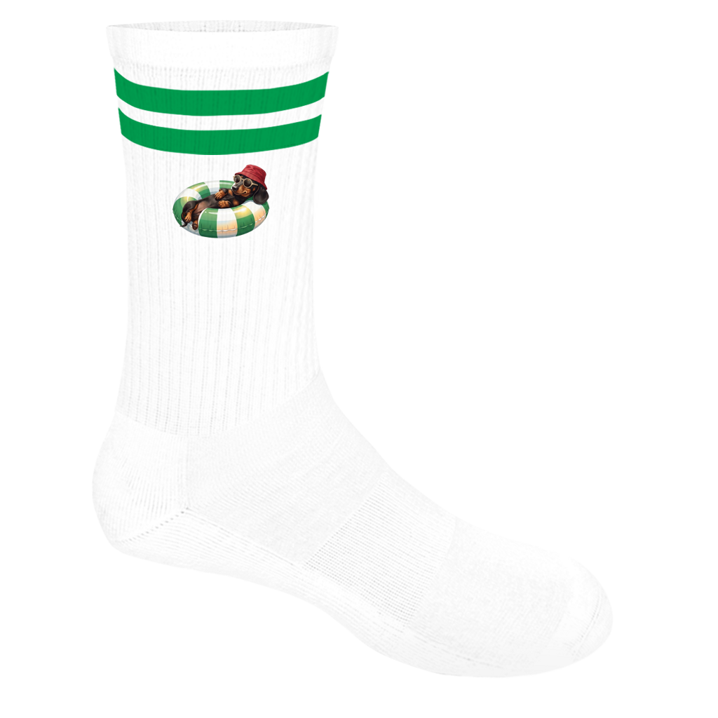 Socken weiss grün geringelt mit Schwimmreifen Dackel