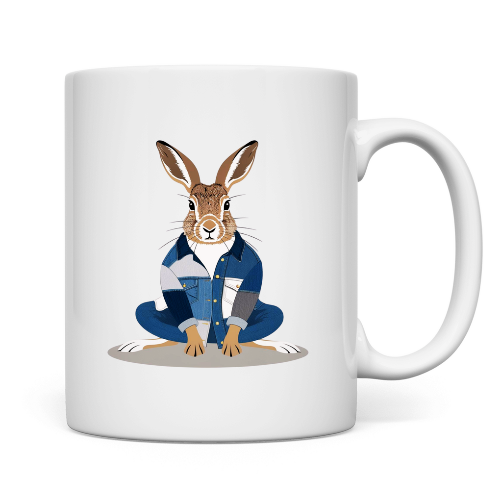 Tazza in ceramica con motivi divertenti di Pasqua con coniglio in abito da jeans. 