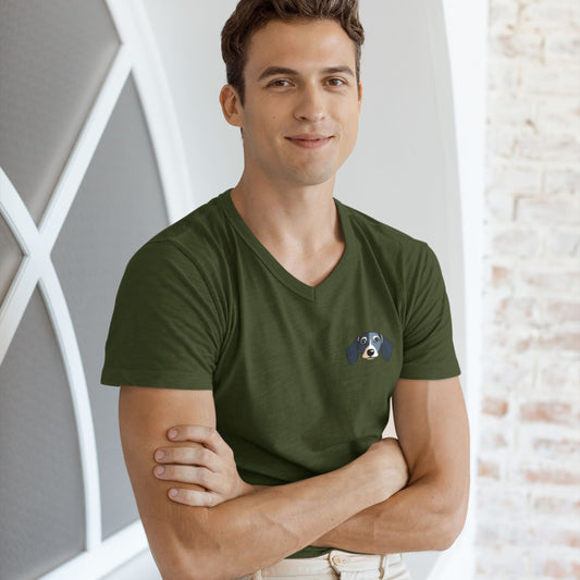 Männer Premium Bio V-Ausschnitt T-Shirt mit Denim Dackel Print