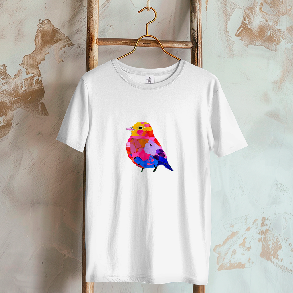 Camiseta de mujer con motivo de pájaros coloridos, moderna y artística. 