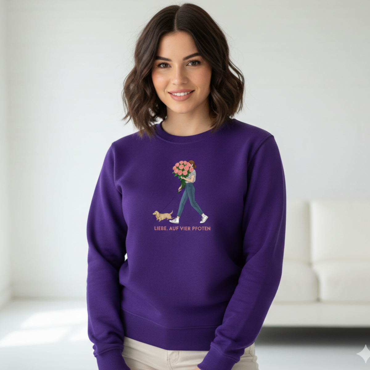 Premium Bio Sweatshirt mit Dackel Design - Liebe, auf vier Pfoten