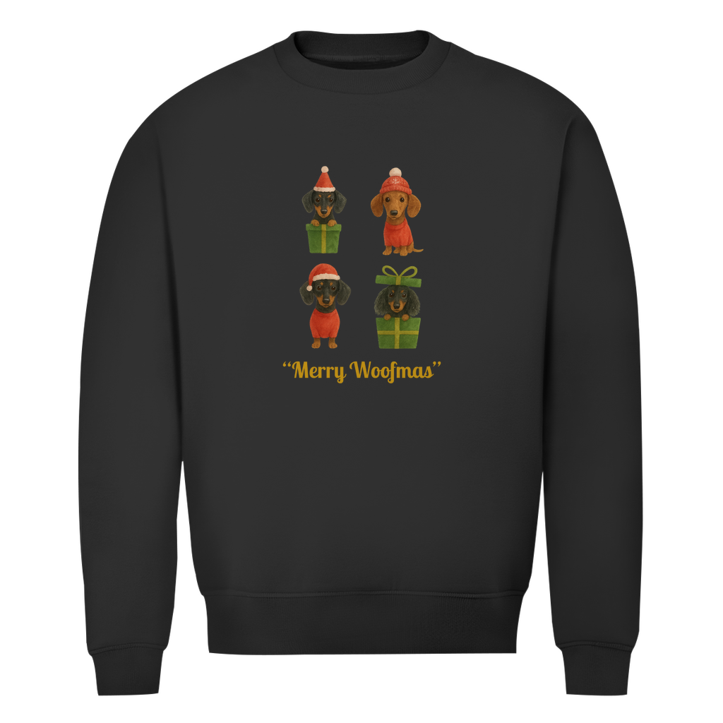 Unisex Premium Bio Sweatshirt mit Dackel Motiv "Merry Woofmas"