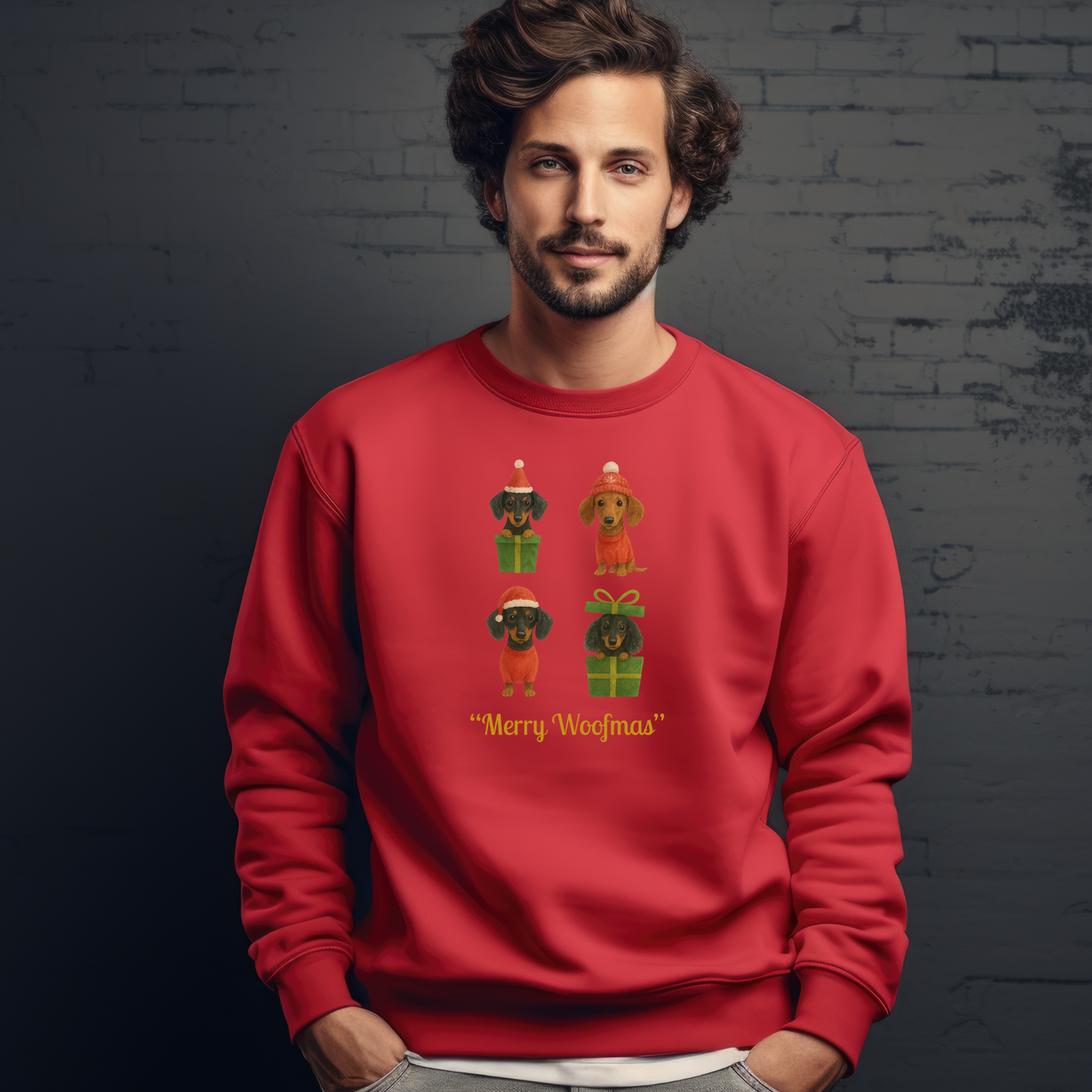Unisex Premium Bio Sweatshirt mit Dackel Motiv "Merry Woofmas"