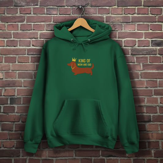 Dackel Hoodie mit Longhair Dachshund und Zitat "King of Mom & Dad"