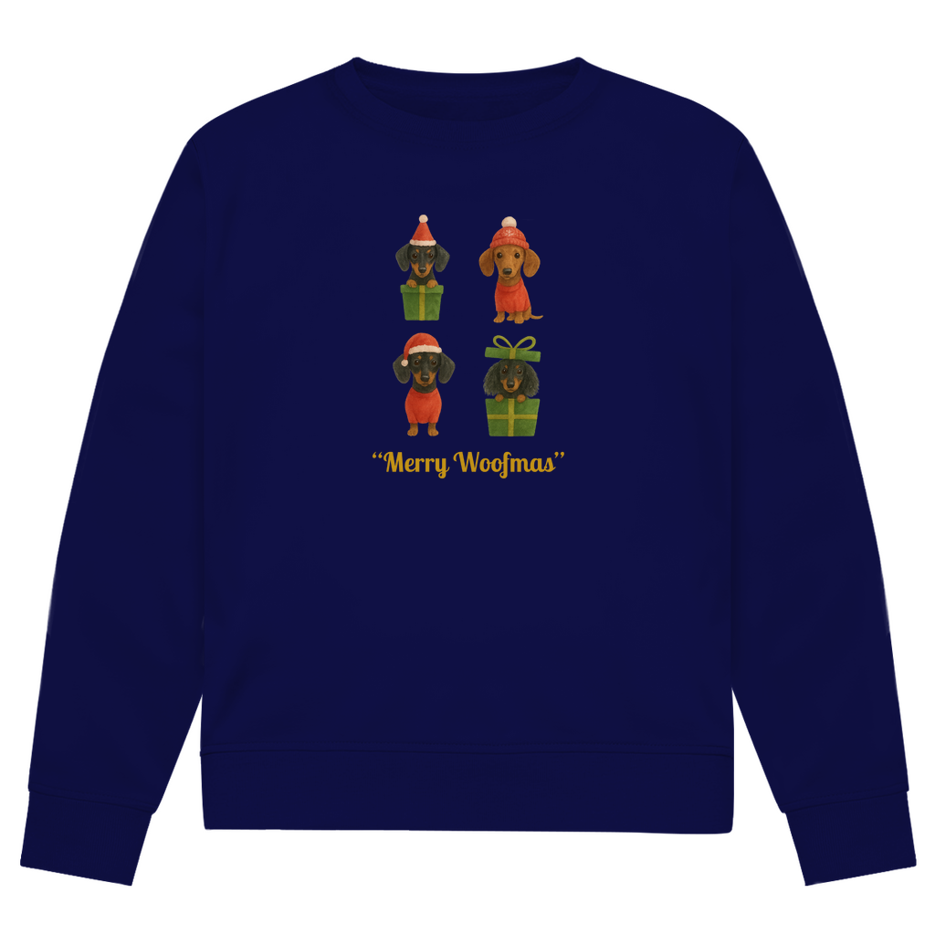 Unisex Premium Bio Sweatshirt mit Dackel Motiv "Merry Woofmas"