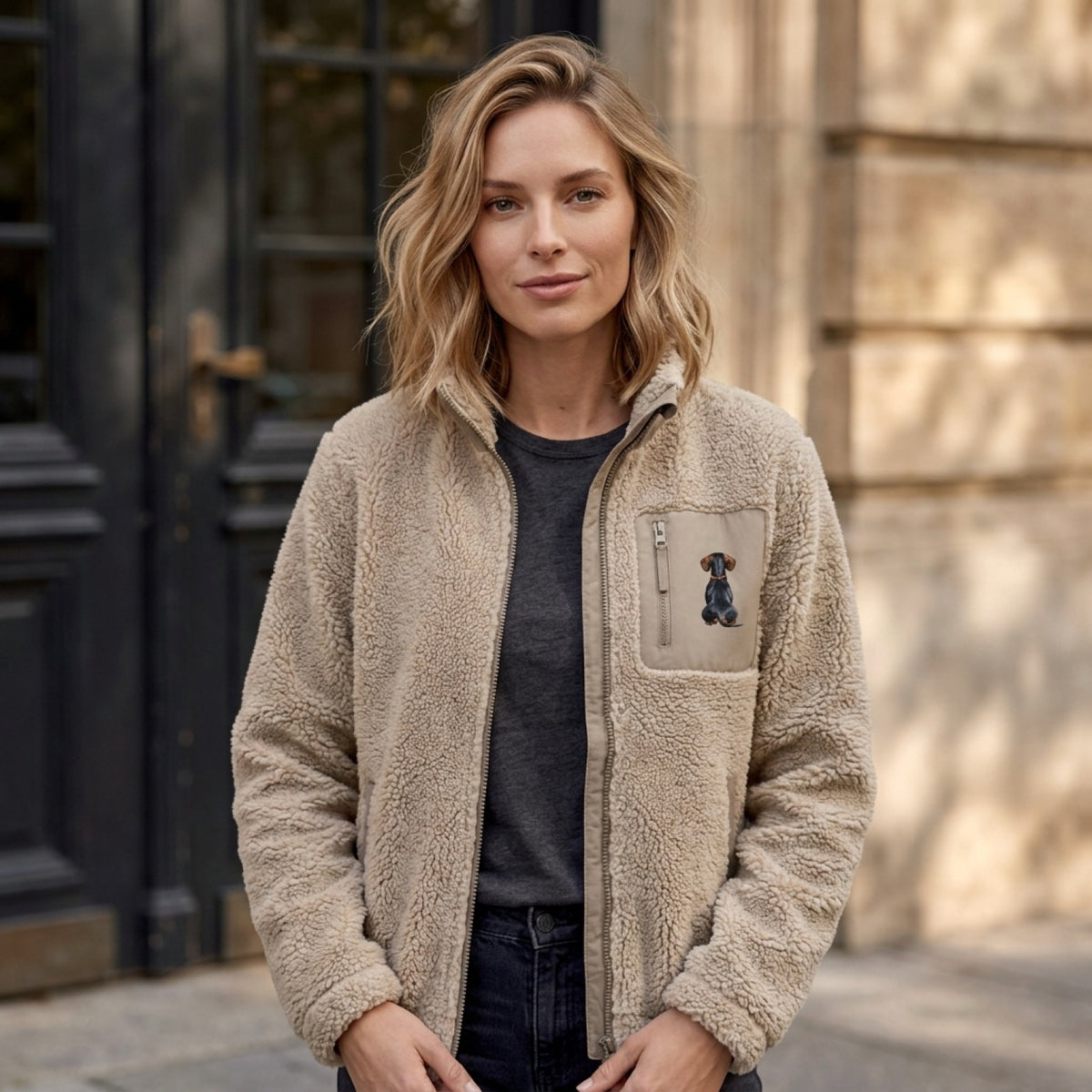 Sherpa Jacke mit Dackel Design
