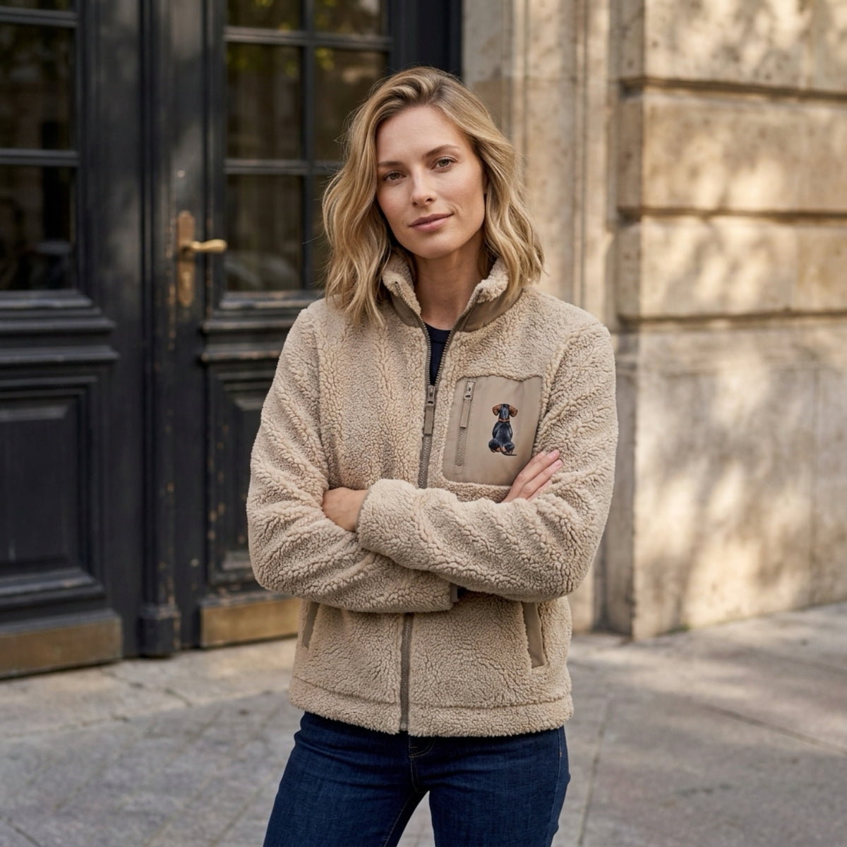Sherpa Jacke mit Dackel Design
