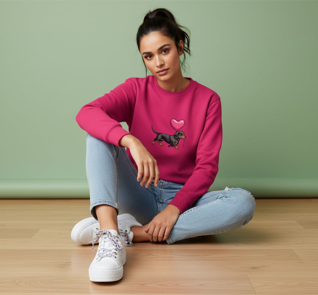 Damen Bio Sweatshirt "Dackel mit Herz Ballon" – Weil Liebe vier Pfoten hat