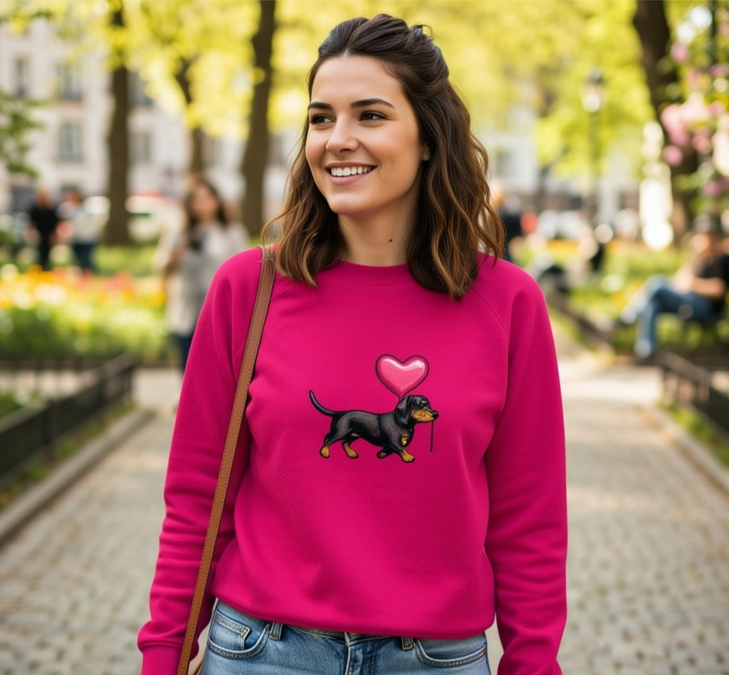 Damen Bio Sweatshirt "Dackel mit Herz Ballon" – Weil Liebe vier Pfoten hat