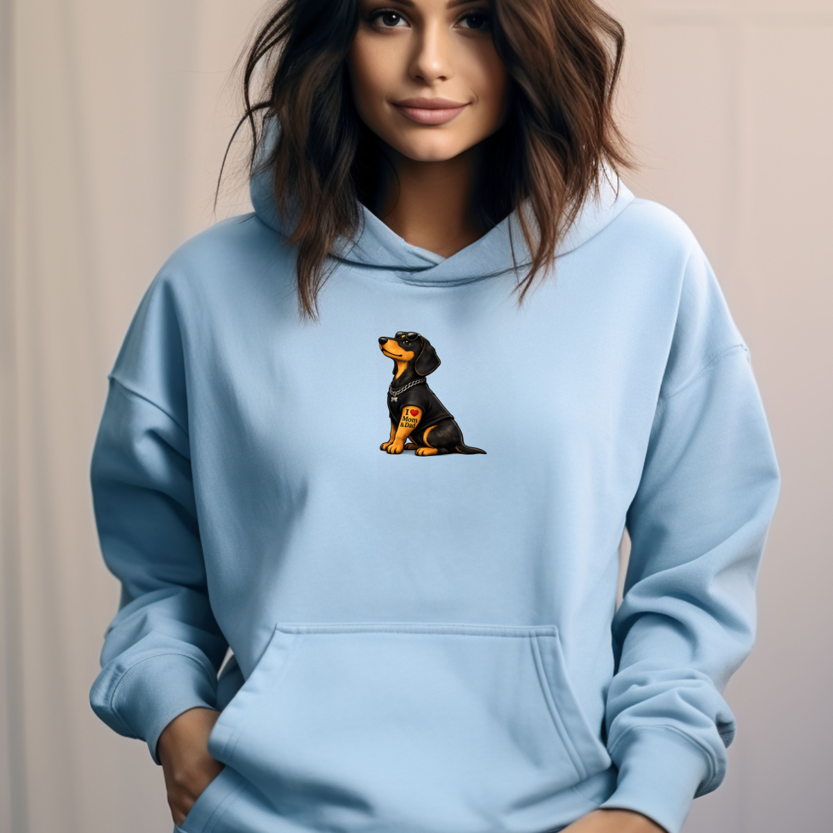 Oversized Casual Unisex Hoodie mit Dackel Motiv Tattoo "I love Mom & Dad"