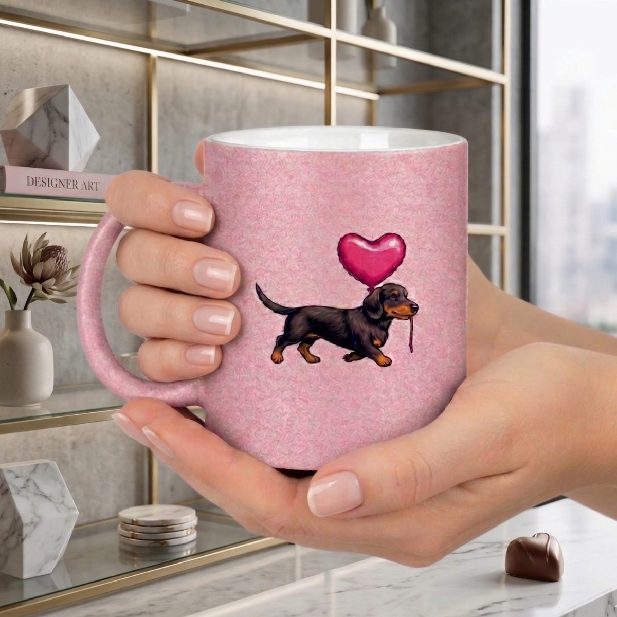 Glitzertasse mit Dackel-Motiv – Herz & Ballon | Geschenkidee