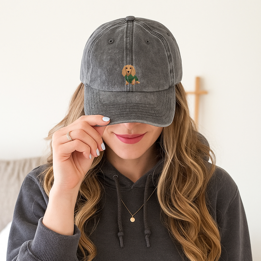 Vintage Cap mit Langhaar Dackel Print als Geschenk