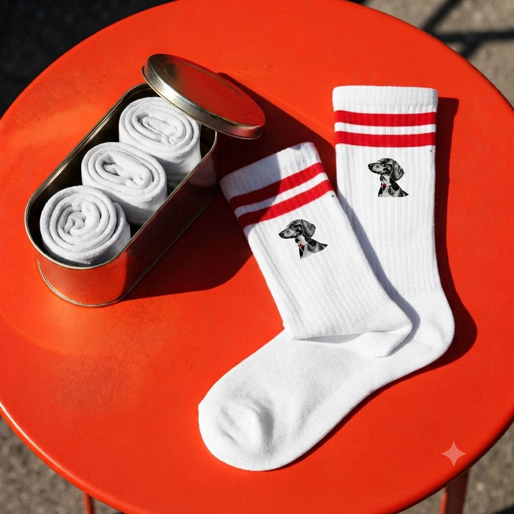 Socken mit Streifen Dackel Schwarz weiss Kohlezeichnung