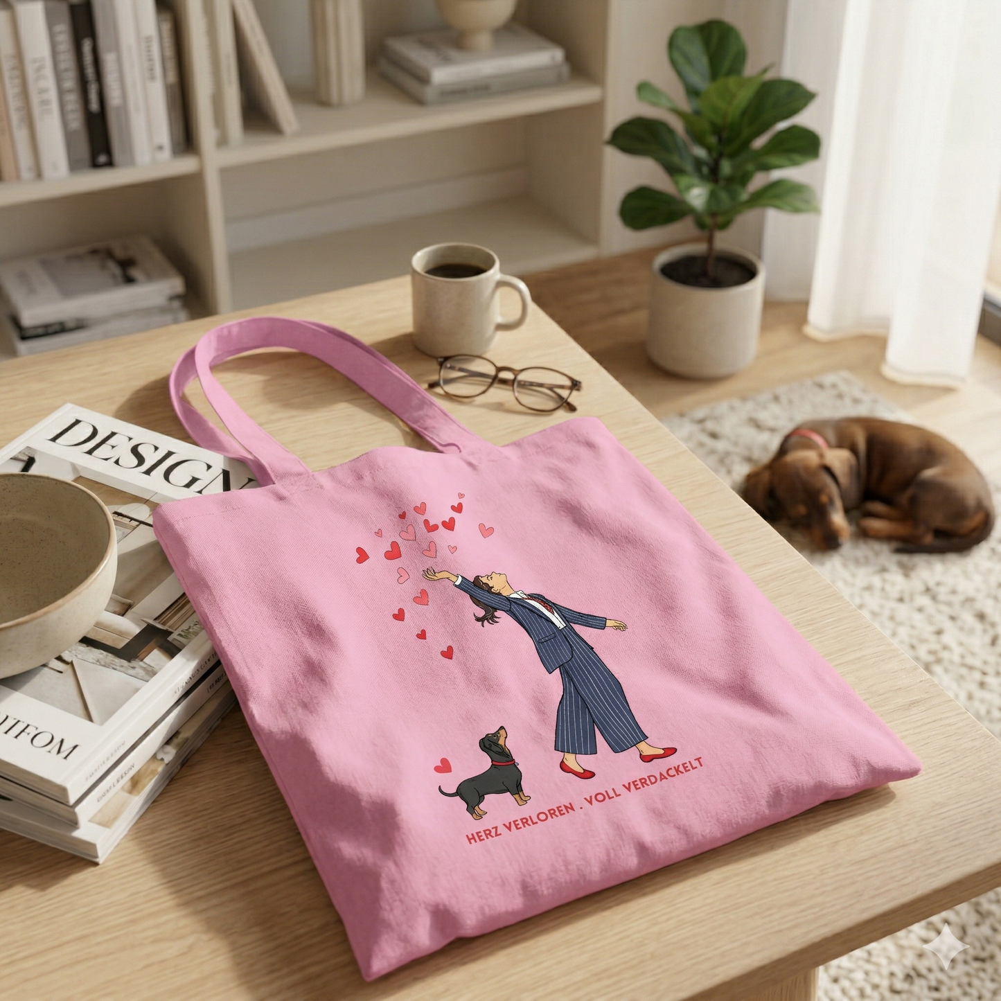 Tote Bag - Tragetasche mit Dackel Design Herz verloren . voll verdackelt