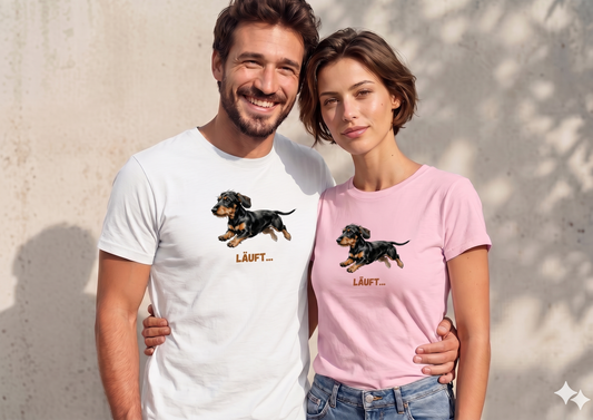Unisex T-Shirt  mit Rauhaardackel Design "Läuft"