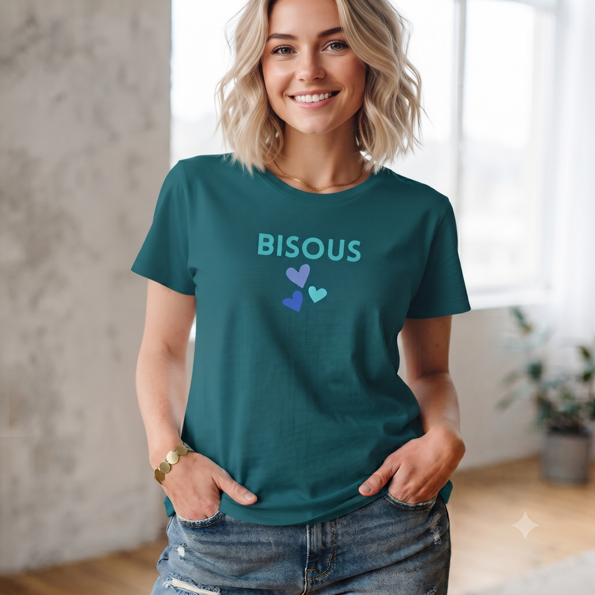 Femminile T-shirt casual con frase francese BISOUS 