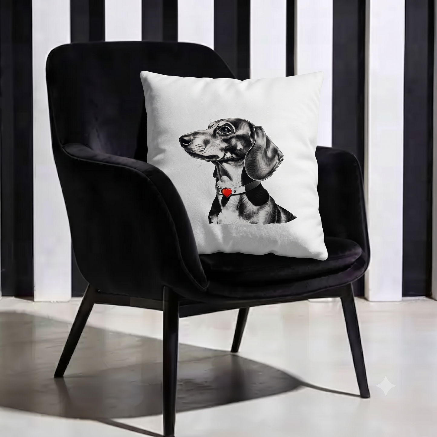 Deko Zierkissen mit kunstvollem Dackel Motiv - Schwarz weiss Kohlezeichnung