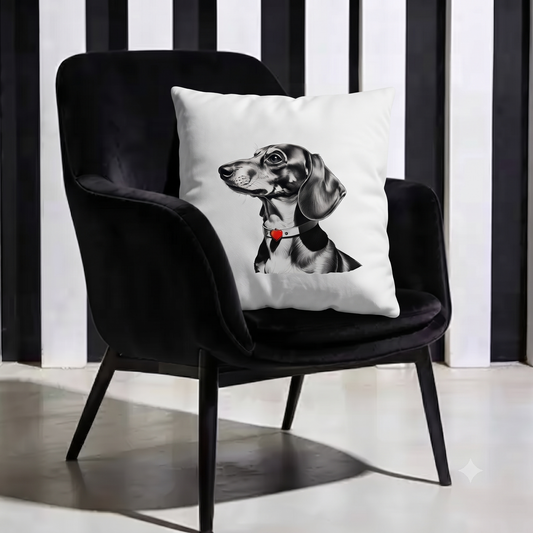 Deko Zierkissen mit kunstvollem Dackel Motiv - Schwarz weiss Kohlezeichnung