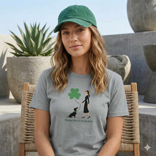 Damen T-Shirt Couture Style mit Dackel und Kleeblatt Print